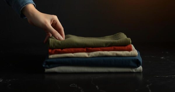 A hand placing a folded olive sweater on a neat stack of folded garments