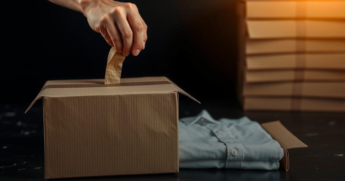 A hand sealing a kraft carton with paper tape beside a folded shirt and stacked parcels