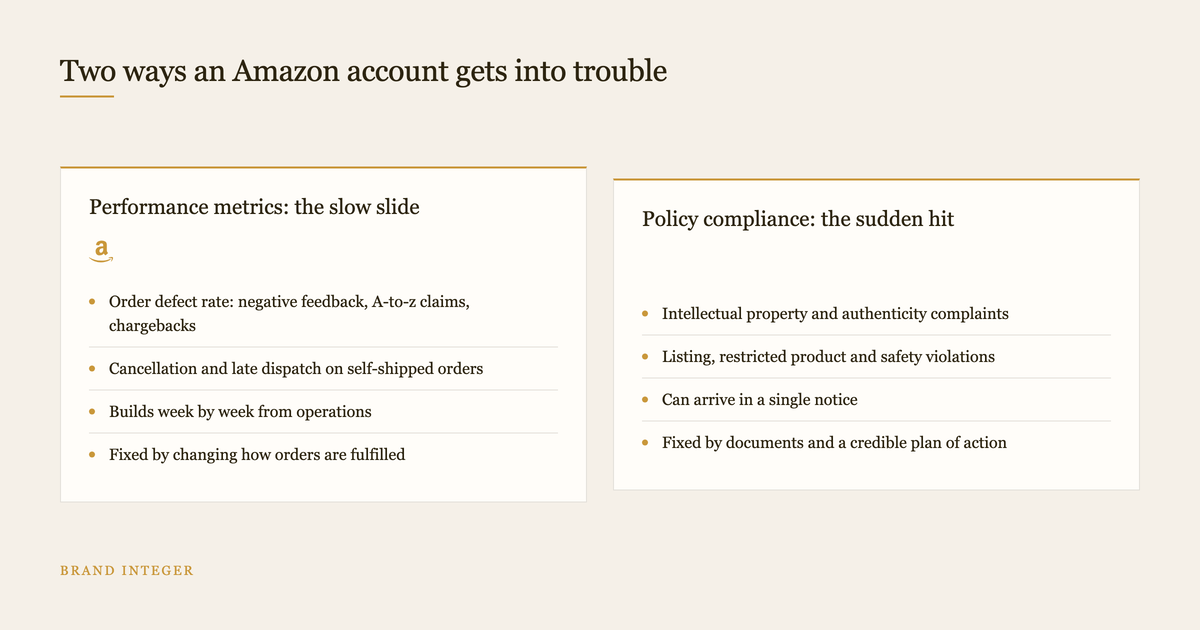 Comparison of Amazon performance metric risks versus policy compliance risks for sellers