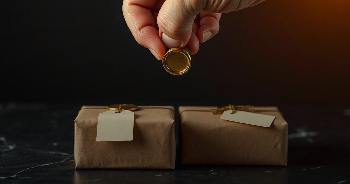A hand lowering a plain brass seal toward one of two identical kraft parcels, the other left unsealed