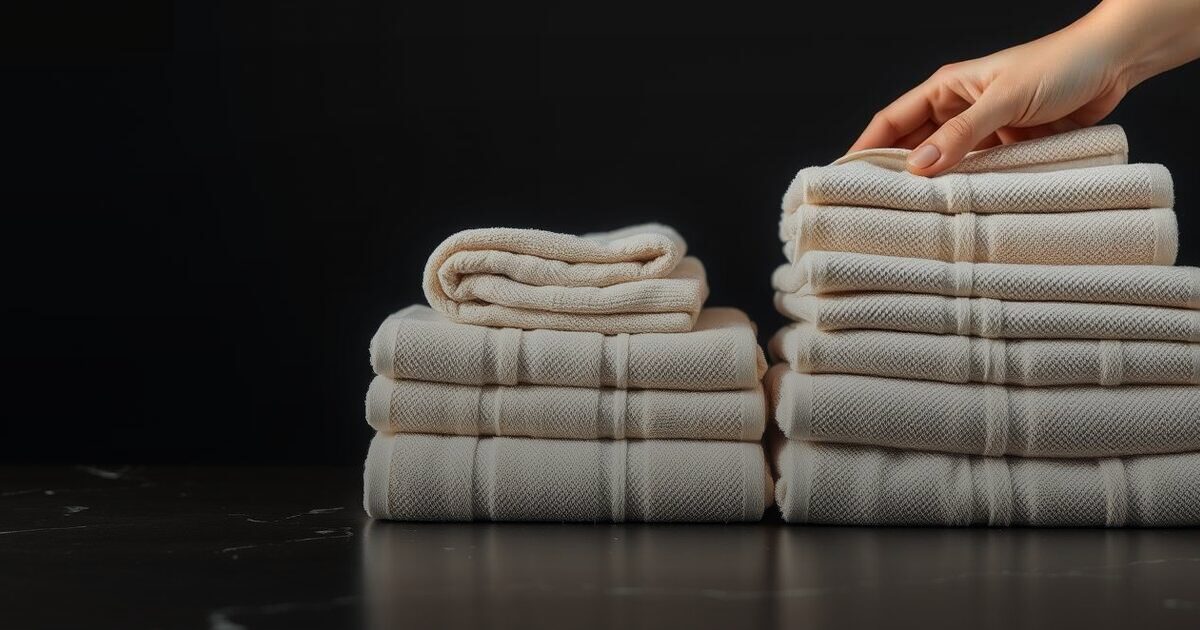 Two stacks of folded cream cotton towels, a hand lifting the top towel from one stack