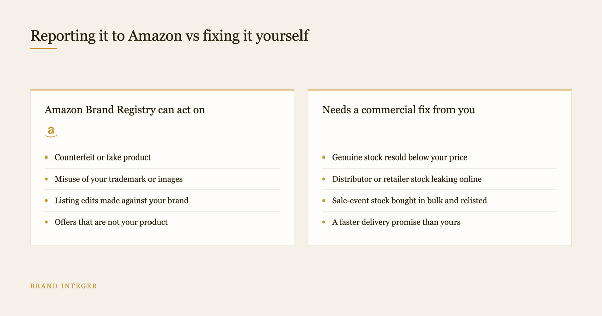 Two column diagram comparing what Amazon Brand Registry handles with what brands must fix
