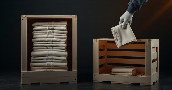 Two wooden stock crates, one stacked full of folded towels, a gloved hand lifting from the nearly empty one