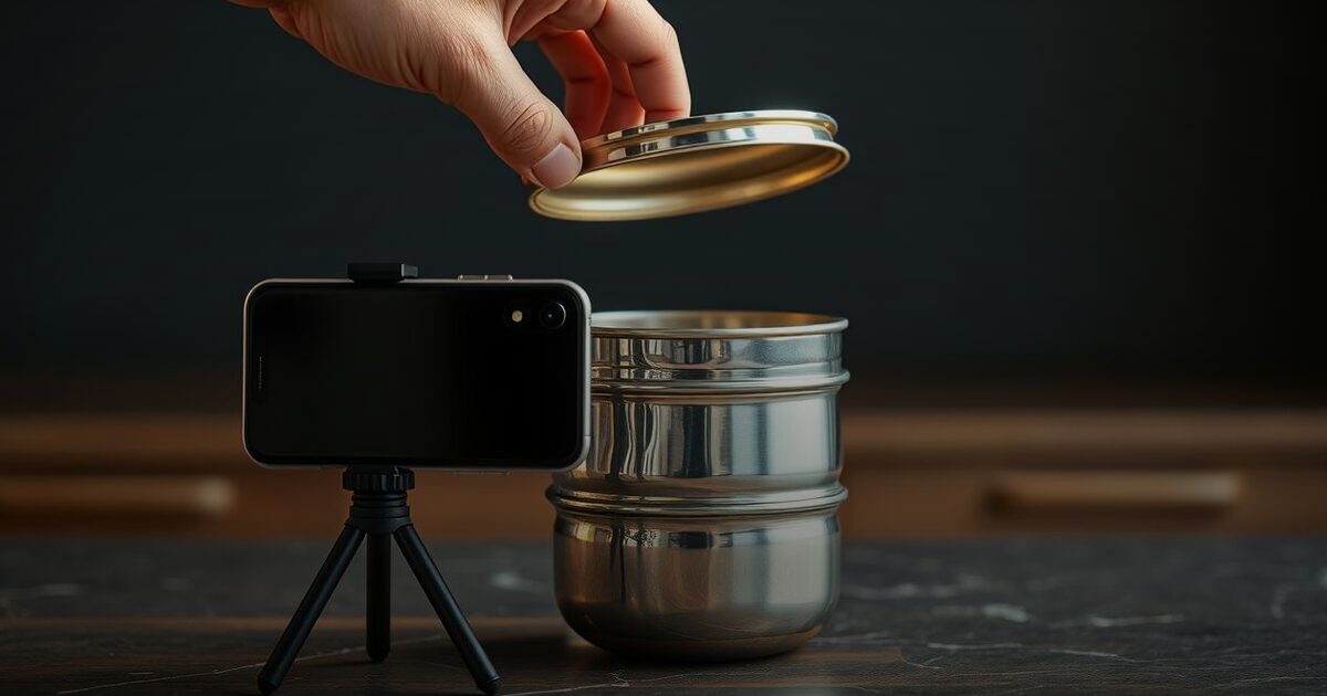 A hand lifting the lid off a steel tiffin beside a phone on a small tripod