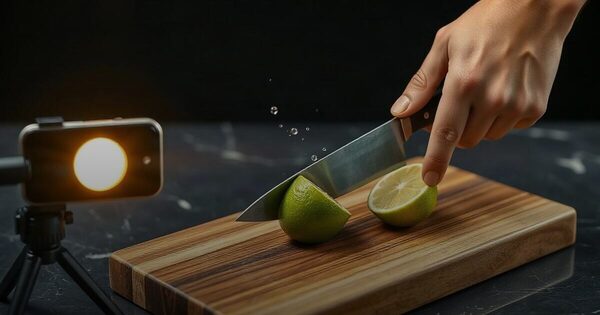 A hand slicing a lime on a walnut board beside a tripod-mounted phone and light
