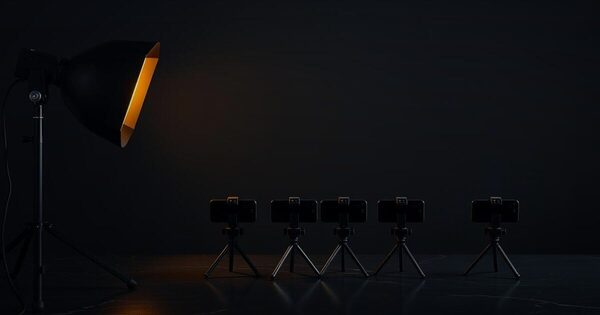 A row of small smartphones on slim tripods facing a single large studio spotlight on a stand