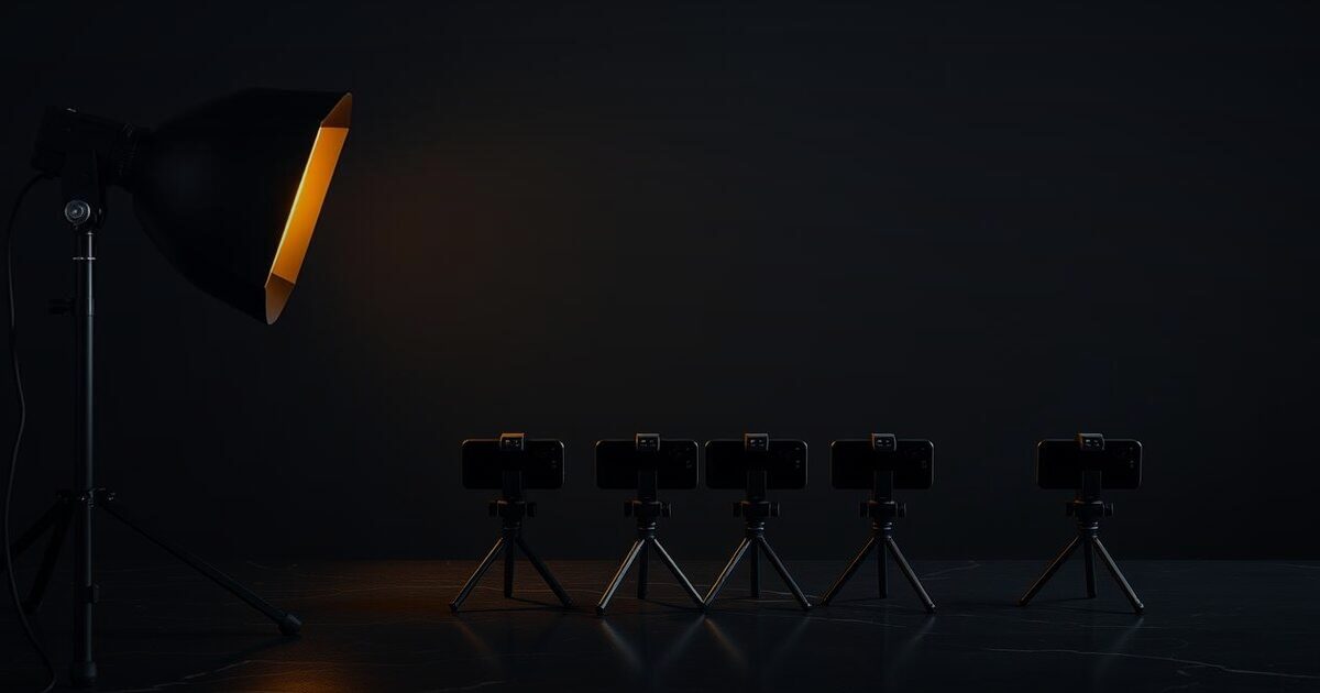 A row of small smartphones on slim tripods facing a single large studio spotlight on a stand