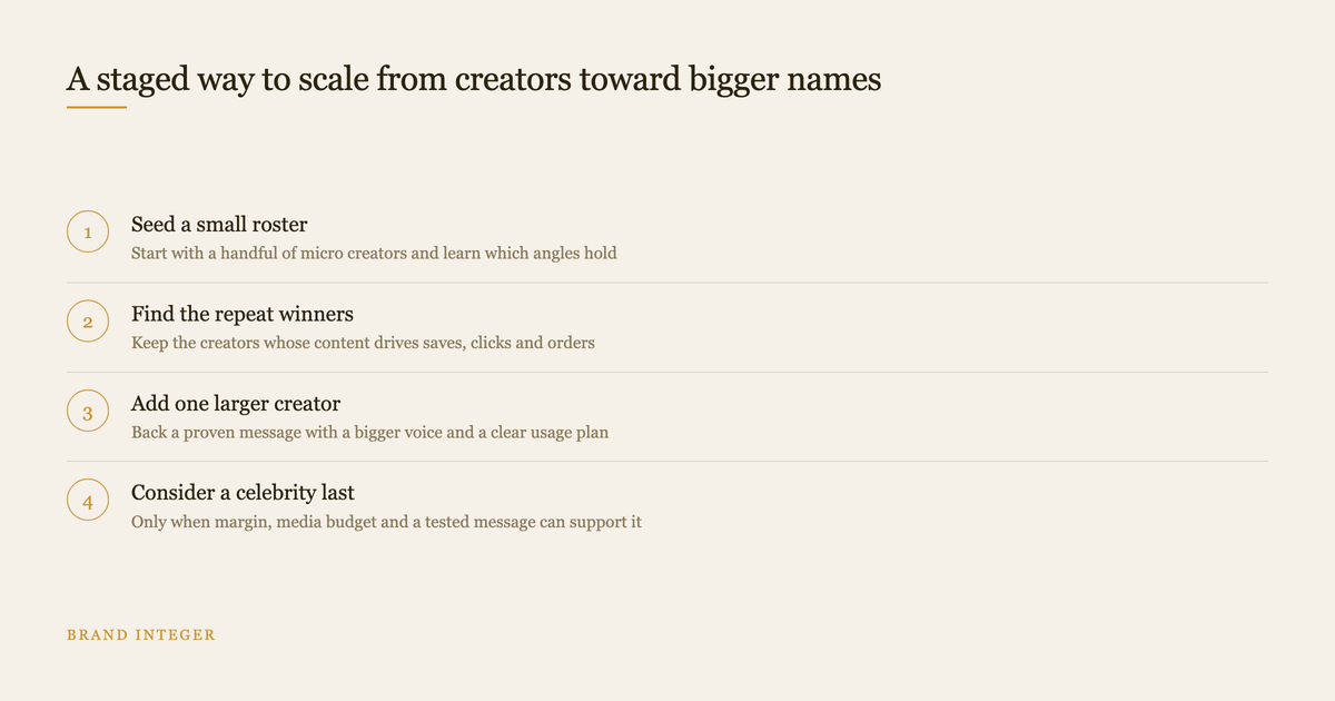 Four step order for scaling from a small creator roster toward a celebrity endorsement