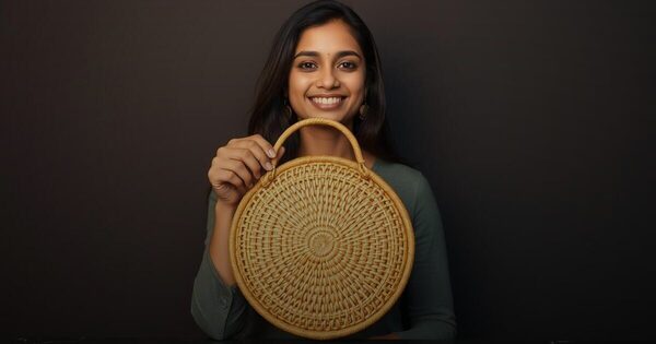 A smiling woman holding a round handwoven rattan handbag up toward the camera