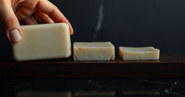 A hand holding one large bar of soap beside two progressively thinner bars on a dark wooden shelf