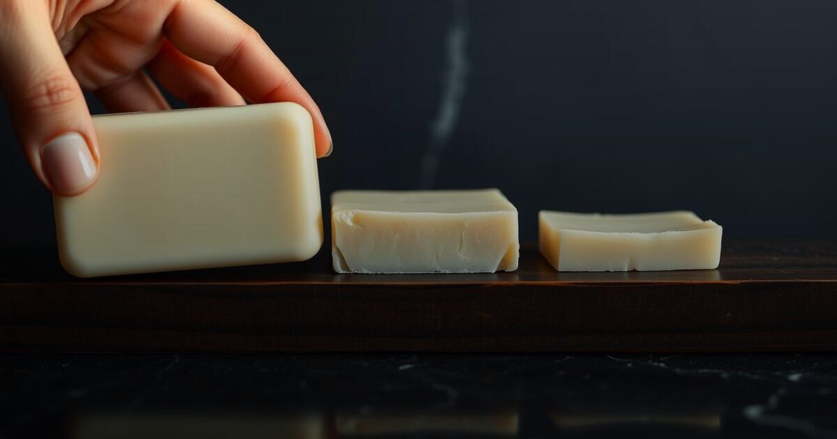 A hand holding one large bar of soap beside two progressively thinner bars on a dark wooden shelf