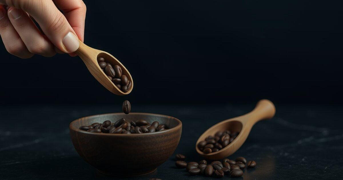 A hand pouring coffee beans from a wooden scoop into a nearly empty wooden bowl