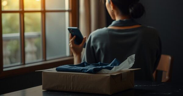 A woman holding a phone turned away, beside an opened delivery parcel with a folded indigo shirt