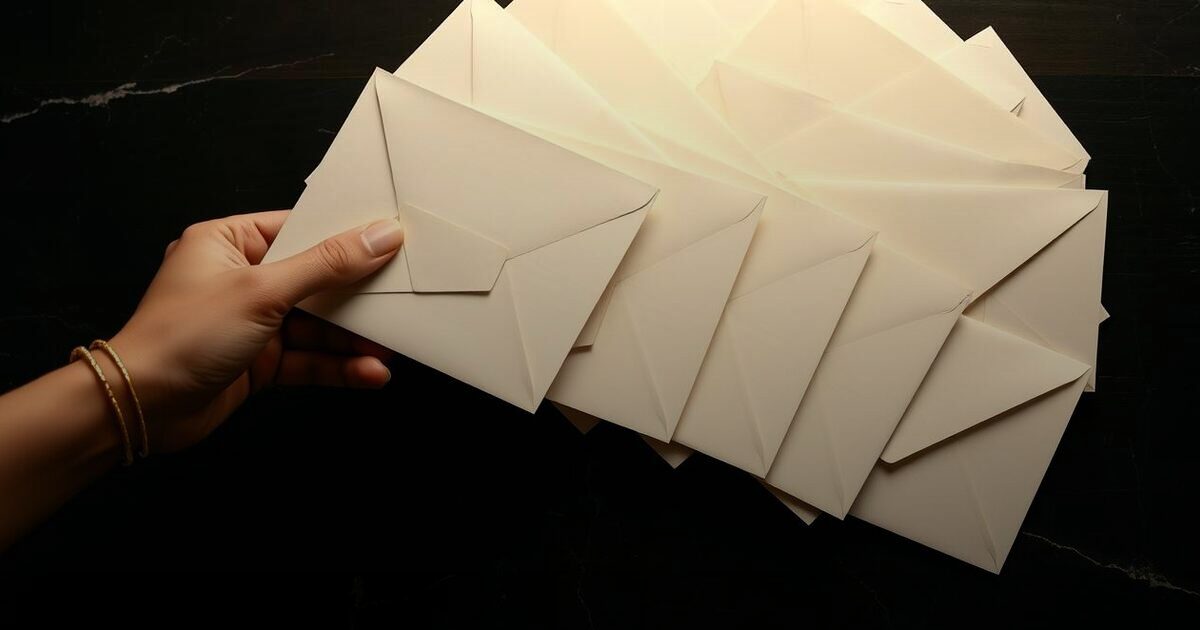 A hand holding a sealed cream envelope above a fanned row of identical envelopes