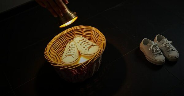 A brass spotlight shining on white sneakers in a wicker basket, a second pair in shadow