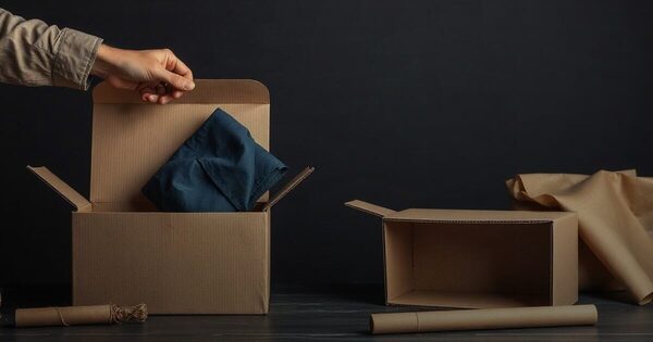 A hand lowering a folded indigo kurta into one of two open kraft boxes