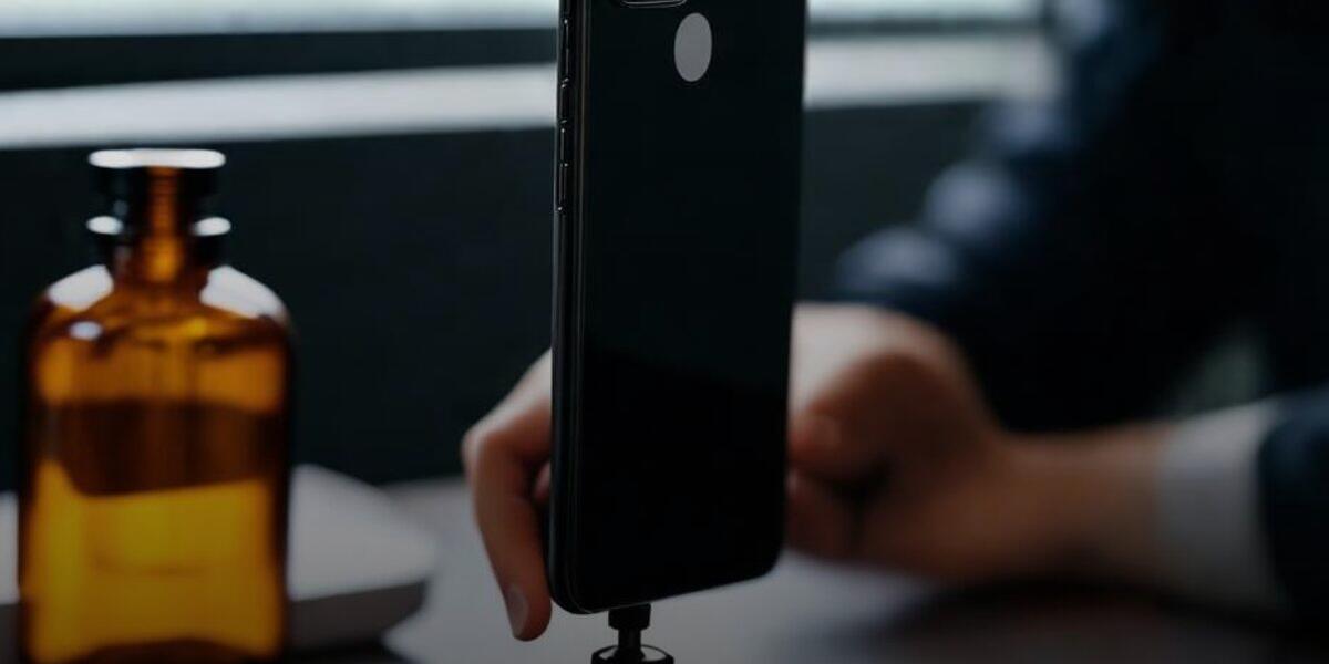 A founder's hand adjusting a smartphone mounted on a tripod, seen from behind, with an unlabeled product bottle blurred in the background