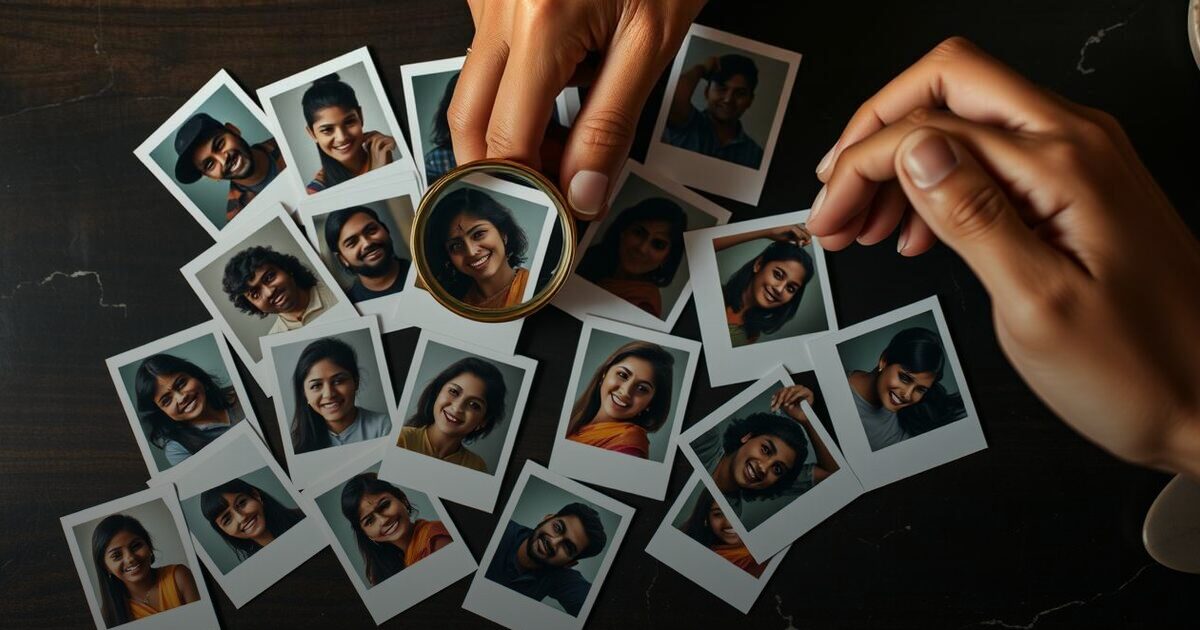 A hand holding a magnifying glass over one of many scattered instant-film portrait photos