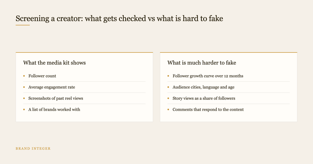 Two column diagram comparing media kit numbers with creator signals that are hard to fake