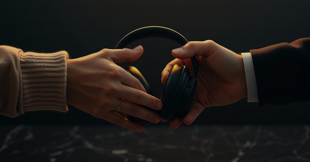 Two hands from opposite sides jointly holding a pair of black over-ear headphones