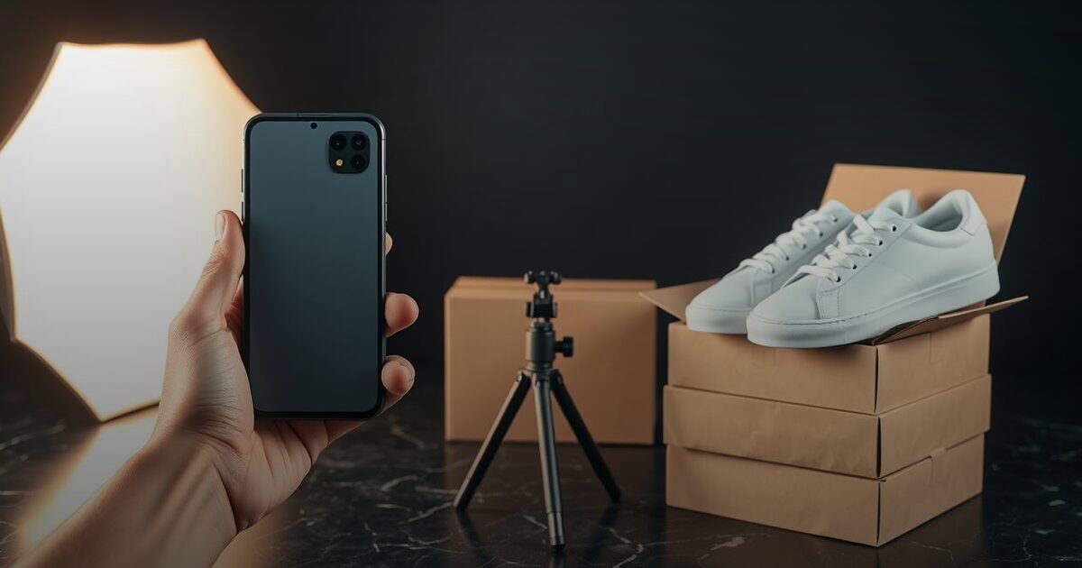 A hand holding a phone beside a tripod and white sneakers on stacked kraft boxes