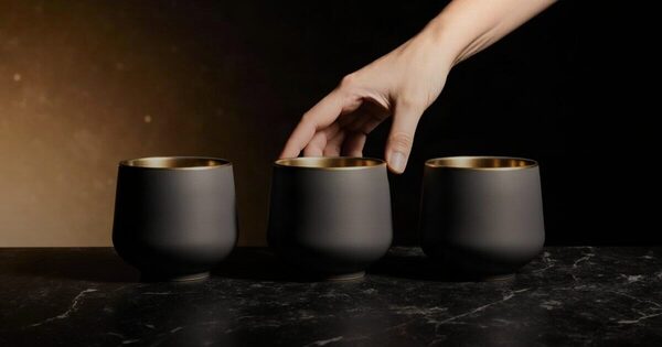A shopper's hand reaching for the middle of three identical dark ceramic vessels