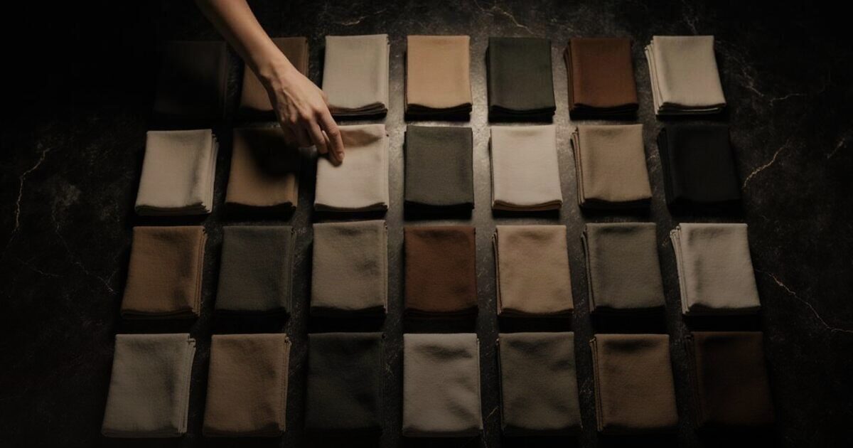 A hand lifting one folded textile out of a dense grid of many similar folded pieces