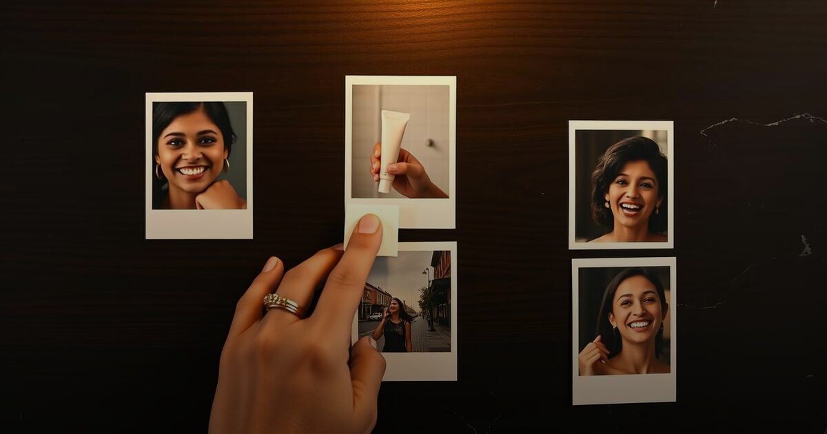 A hand sliding one instant photo print forward from a spread of ad stills