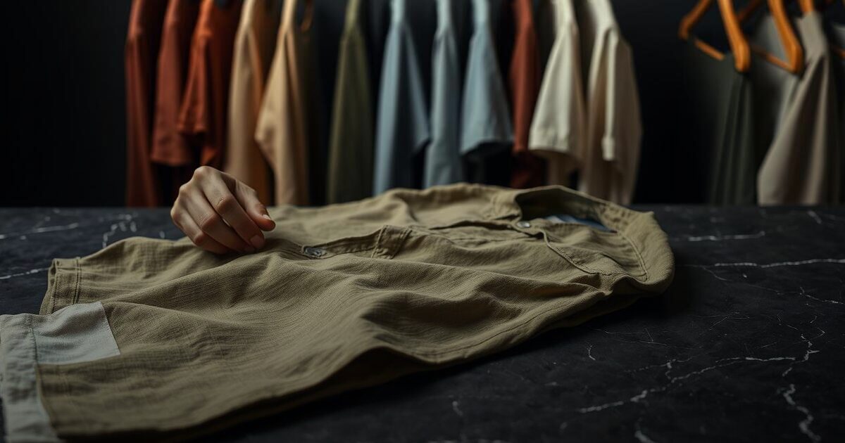 A hand smoothing a plain olive linen shirt beside a rail of colourful shirts