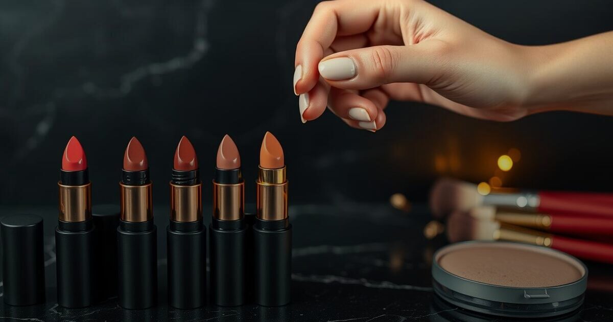 A manicured hand lifting one lipstick from a row of black tubes beside a blush pan and brushes