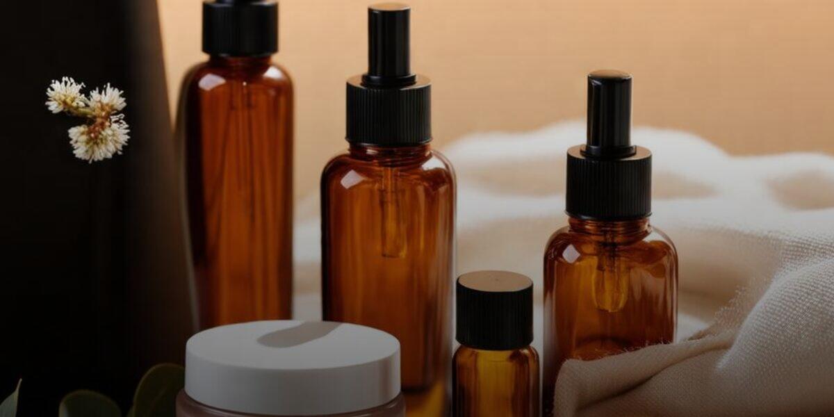 An elegant flat-lay of unlabeled amber glass skincare bottles and a plain cream jar on a marble surface beside a eucalyptus sprig