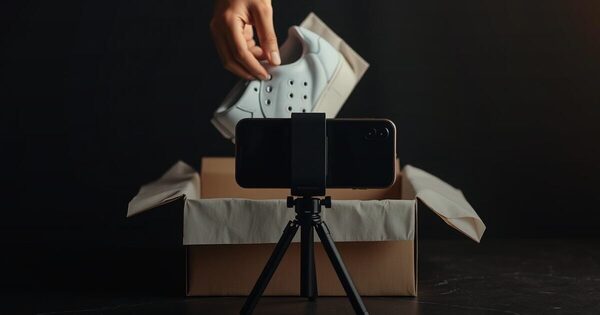 A hand lifting a white sneaker from a kraft box in front of a phone on a tripod