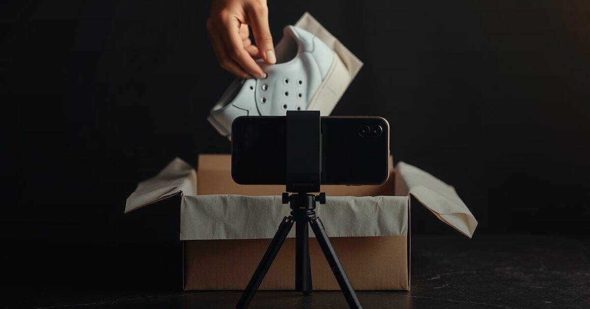 A hand lifting a white sneaker from a kraft box in front of a phone on a tripod