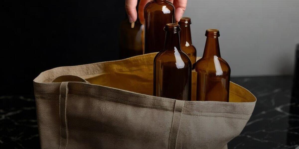A picker's hand lowering a plain unlabeled amber bottle into an open fabric delivery tote already holding other unlabeled bottles
