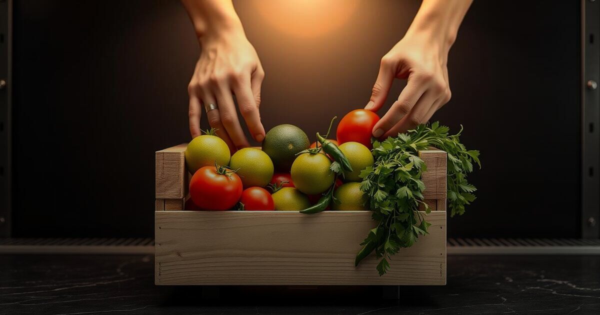 Two hands lowering a wooden crate of tomatoes, limes, chillies and coriander onto a shelf