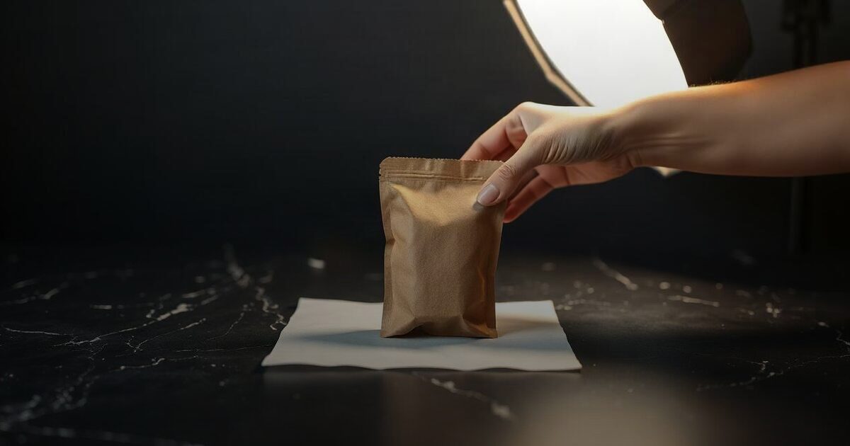 A hand placing a plain kraft pouch on white paper under a studio softbox
