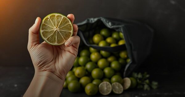 A hand holding a halved lime before a heap of limes spilling from a delivery bag