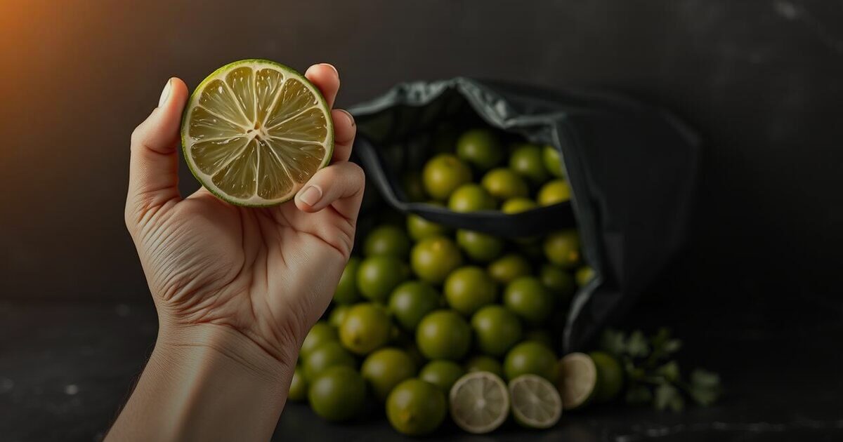 A hand holding a halved lime before a heap of limes spilling from a delivery bag