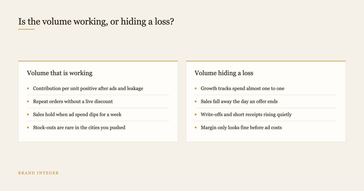 Two column diagram contrasting healthy quick commerce volume with volume hiding a loss