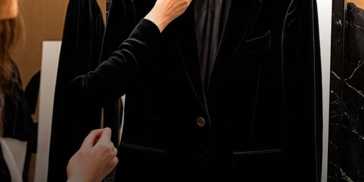 A shopper's hand smoothing the shoulder seam of a dark blazer while checking the fit in a tall floor mirror