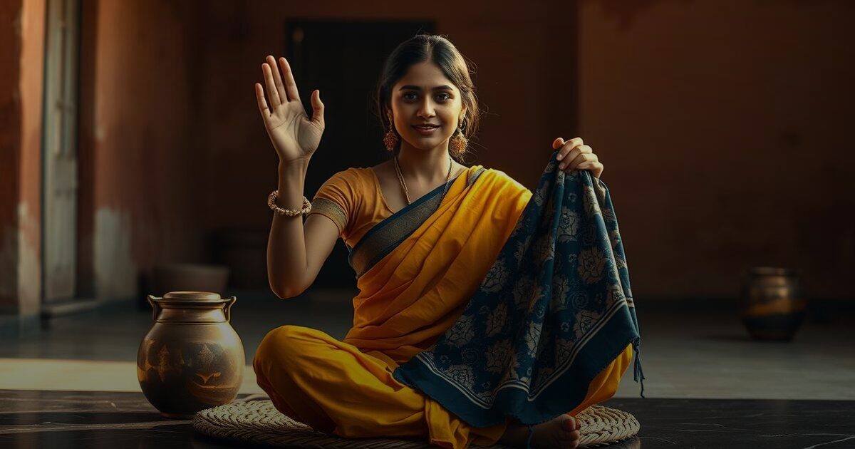 A woman in a mustard saree holding up an indigo block-printed dupatta in a courtyard
