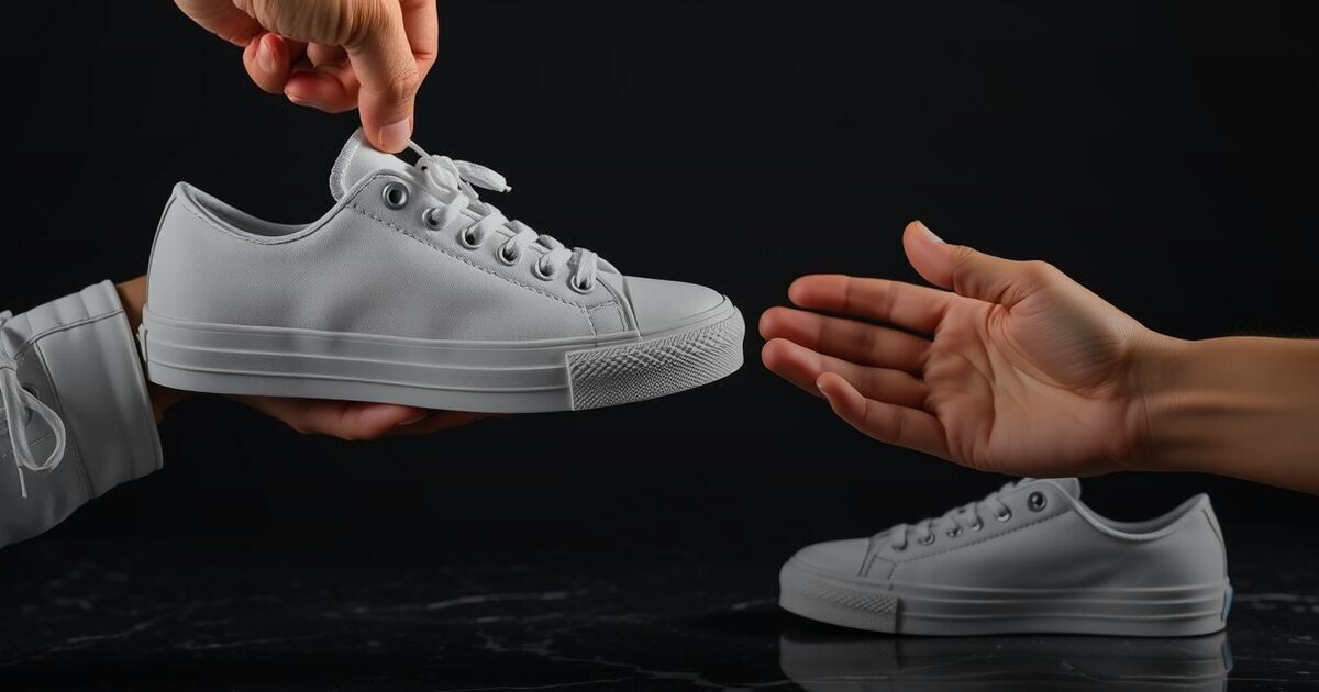 One hand holds up a white canvas sneaker as another hand reaches to take it