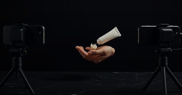 Two phones on tripods filming one hand as cream drops from a white tube