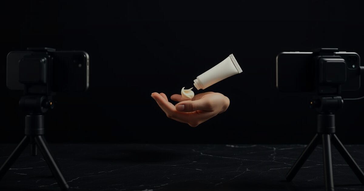 Two phones on tripods filming one hand as cream drops from a white tube