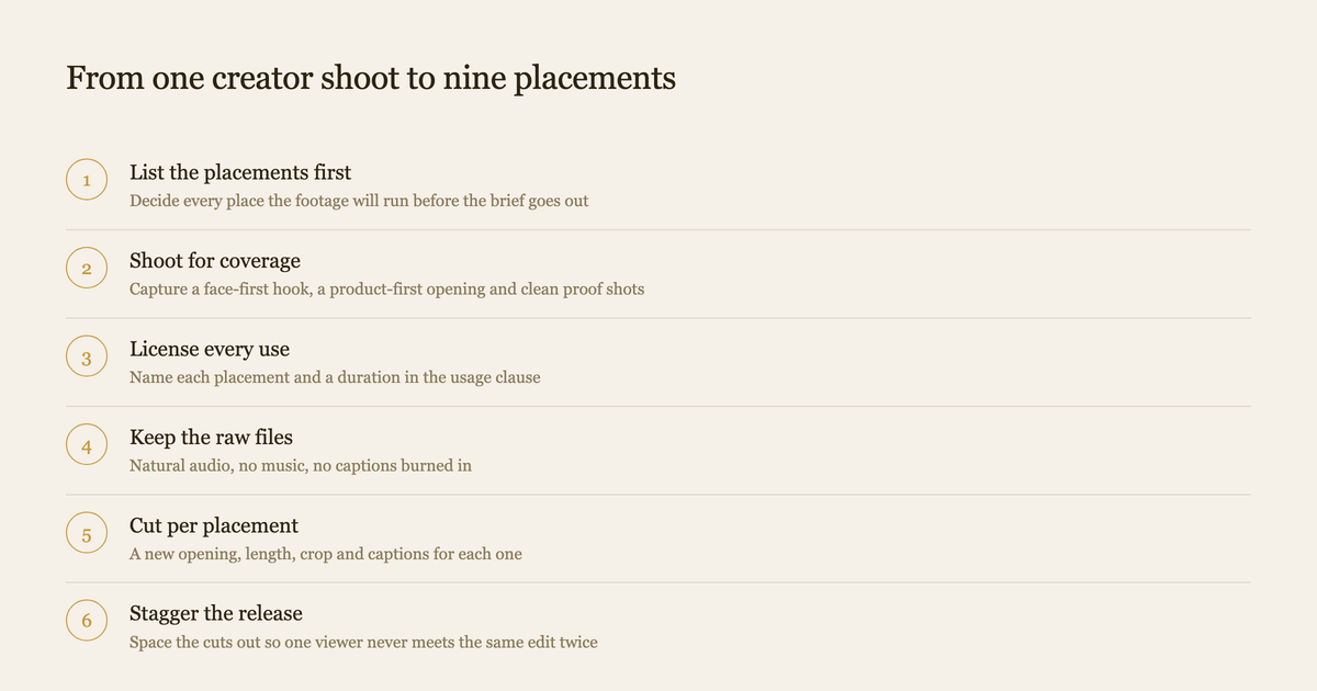 Six step sequence for turning one UGC creator shoot into nine placements