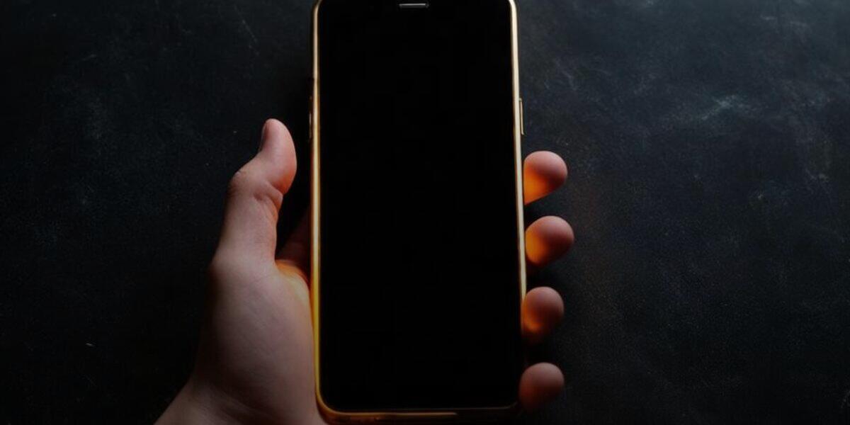 A hand holding a smartphone face-down with the screen dark, warm gold light glowing along its edge against a dark background