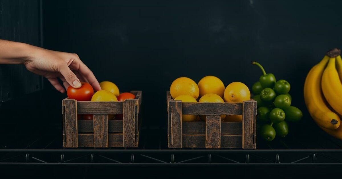 A hand placing a tomato into a wooden crate on a dark shelf of fresh produce